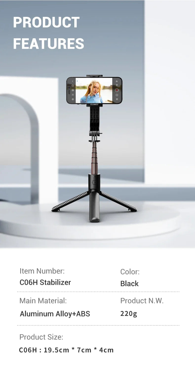 Pau de Selfie Estabilizador sem fio do cardan da anti vibração de 1 eixo para smartphone,